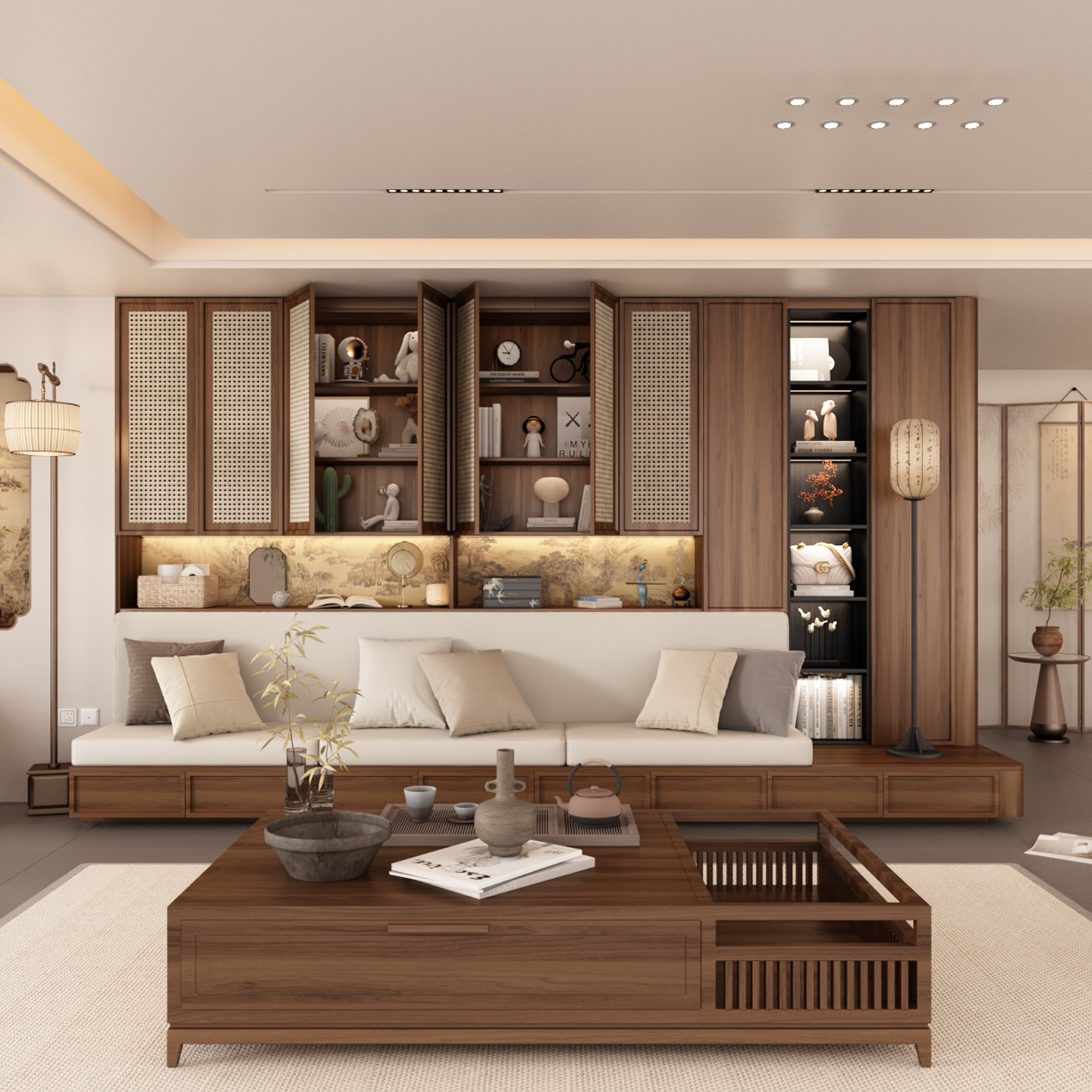 实木沙发书柜储物柜一体整墙家用客厅现代简约满墙书架到顶组合柜