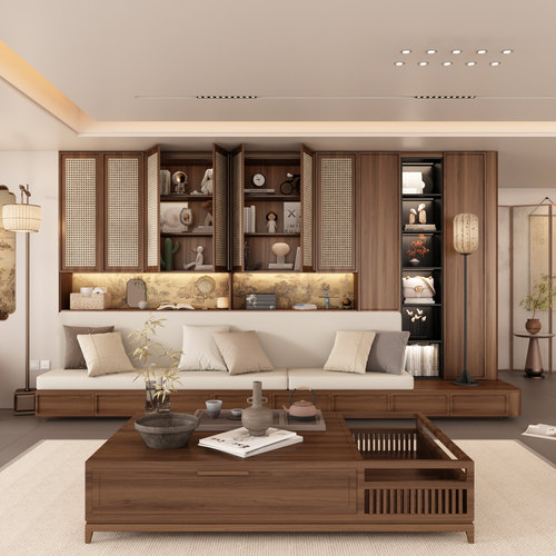实木沙发书柜储物柜一体整墙家用客厅现代简约满墙书架到顶组合柜