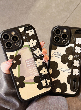 新款适用苹果16手机壳13PROMAX防摔12mini支架软壳7女网红/14/11硅胶iphonexr全包8plus保护套腕带黑色花朵