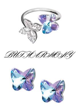 捷克Preciosa宝仕奥莎But.Harmony蝴蝶水晶玻璃戒指耳钉女友送礼