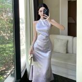 高级感独特别致缎面印花拼接无袖 连衣裙 挂脖旗袍裙浅紫色优雅修身