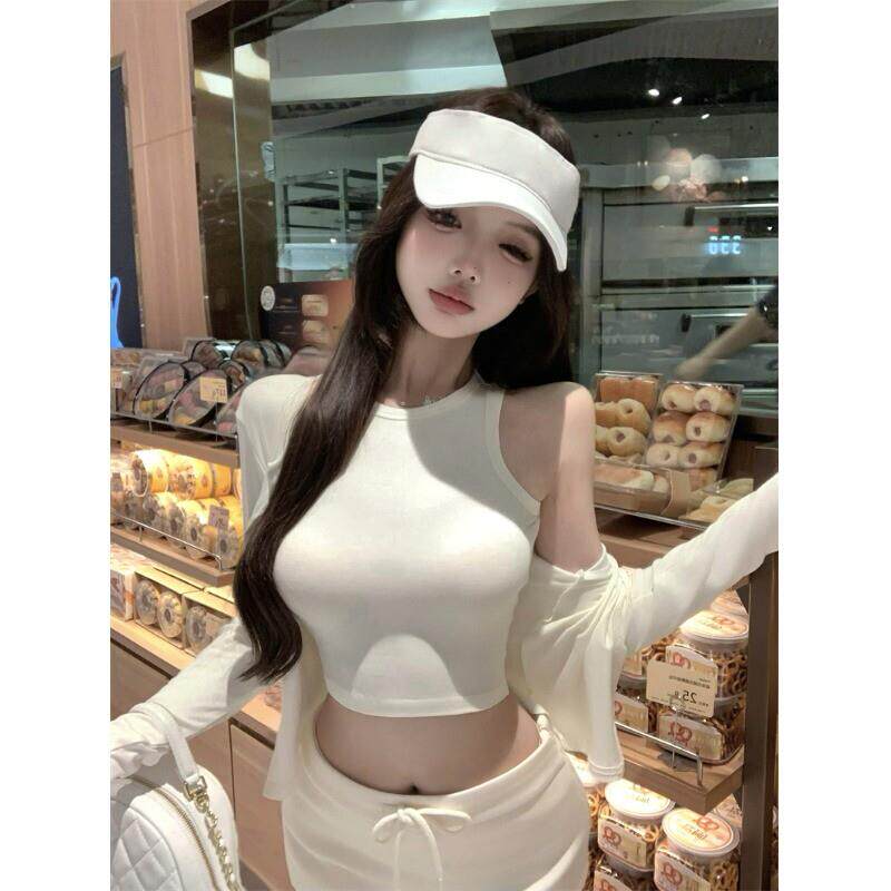 纯欲风时尚套装女夏季2025新款防晒开衫内搭背心有内衬短裙三件套