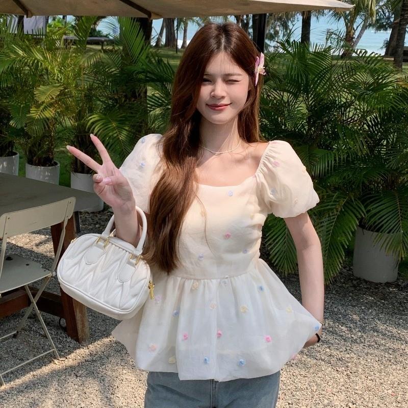 法式立体花朵方领泡泡袖衬衫女夏衬衫