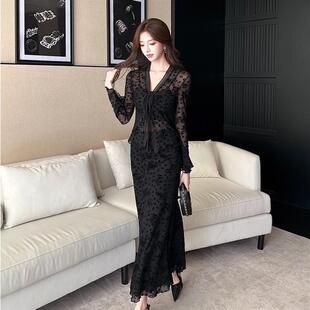 氛围感蕾丝烧花上衣套装女2025秋季新款心机透视绑带连衣裙送美背