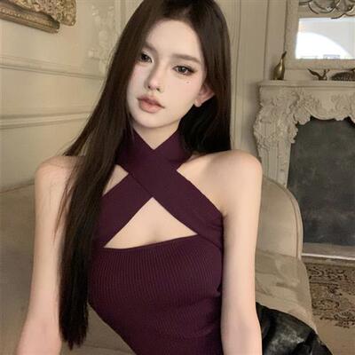 紫色交叉辣妹挂脖吊带上衣女外穿夏季高级设计感小众别致绝美背心