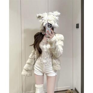 法式 加厚保暖皮毛一体高级感气质上衣 仿水貂毛皮草杏色外套女冬季