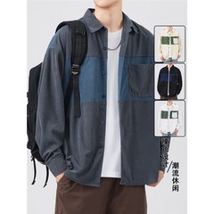 yishion以纯官方网店铺正品男款长袖衬衫男士秋宽松拼接百搭翻领