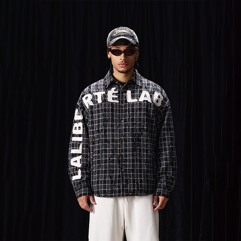 LABT植绒格纹贴布绣长袖衬衫