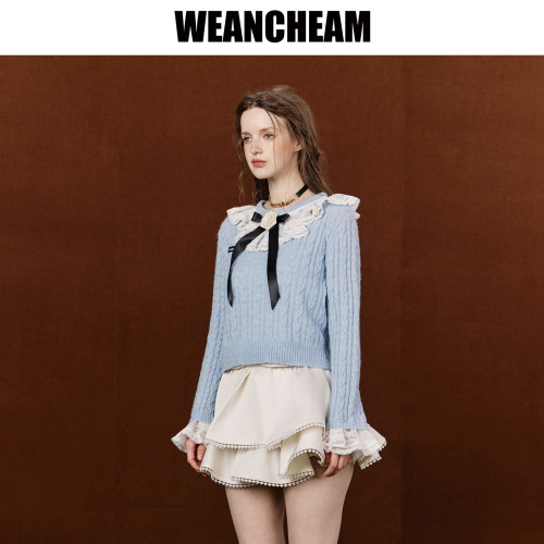 WEANCHEAM/未未姆蝴蝶结蕾丝毛衣