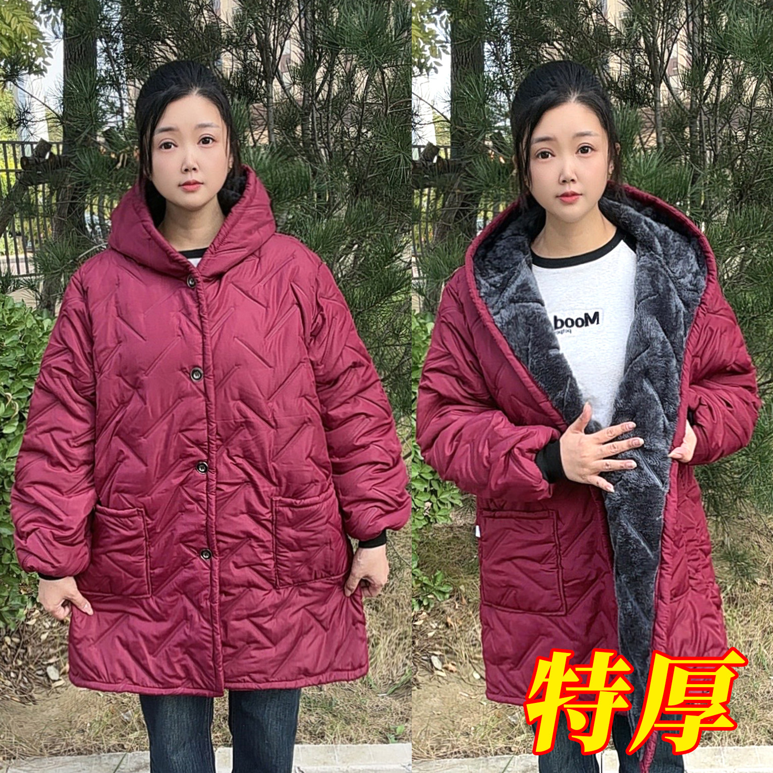 加绒加厚连帽保暖防污女棉服