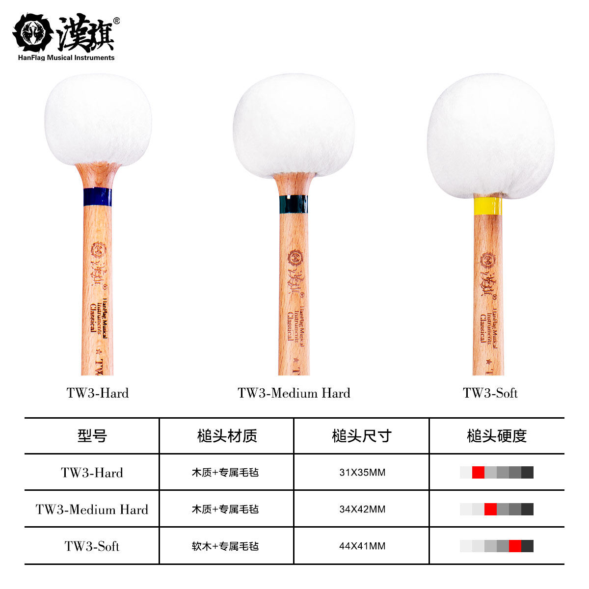 漢旗 新品定音鼓槌 榉木TW3-Hard/TW3-Medium Hard/TW3-Soft