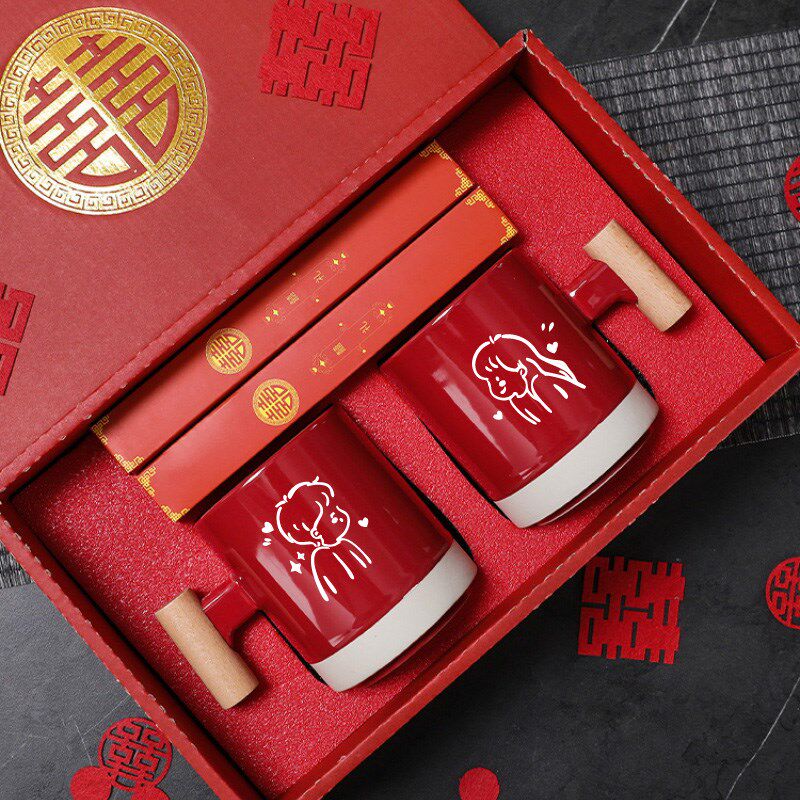 结婚洗漱杯子一对情侣牙刷杯套装陪嫁新婚用品红色陶瓷漱口牙缸杯