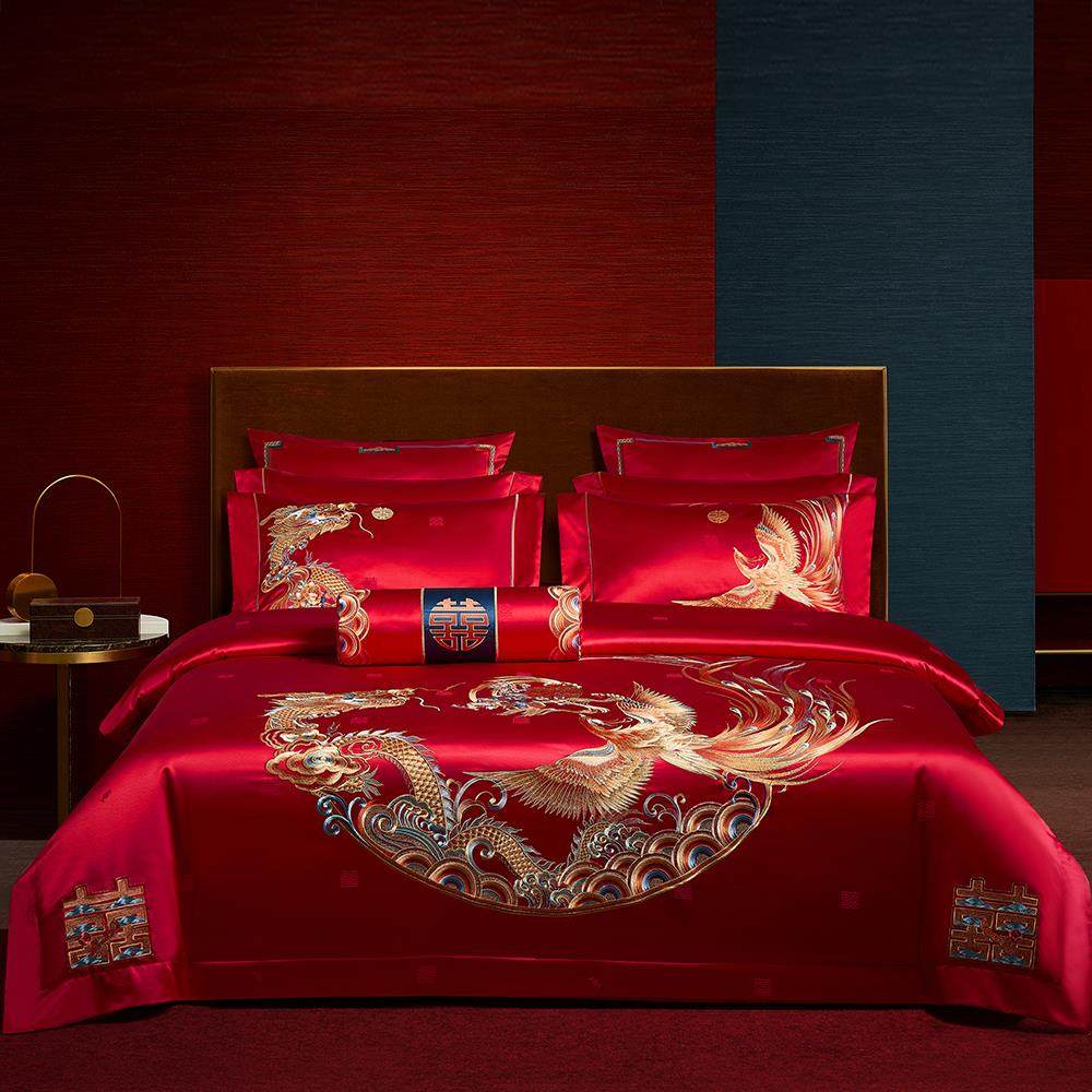 高端婚庆十件套喜嫁真丝棉刺绣大红色结婚四件套龙凤新婚床上用品