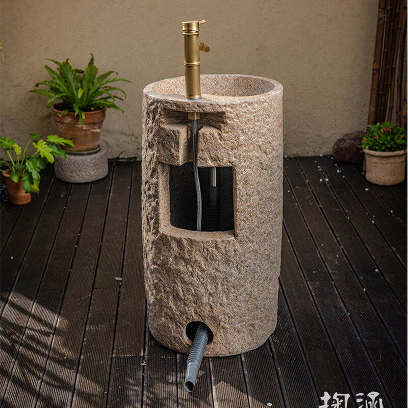 庭院石头洗手盆一体立柱盆花园石材落地式洗脸盆别墅户外水池台盆