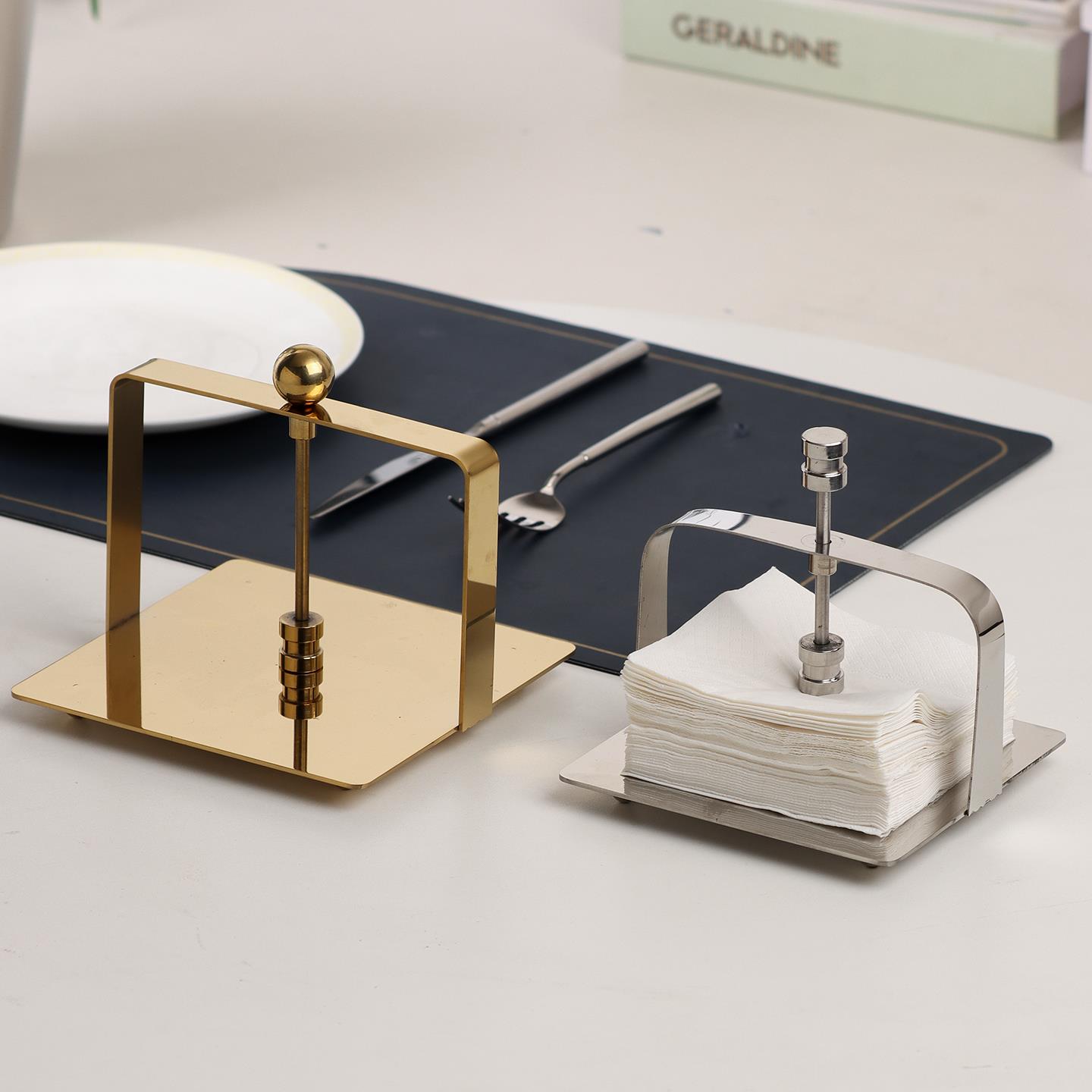 创意不锈钢纸巾座方形架饭厅酒店台面纸巾架简约餐巾架欧式压纸座