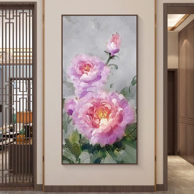 手绘油画大芬村新中式牡丹花玄关挂画花开富贵走廊尽头客厅装饰画图片