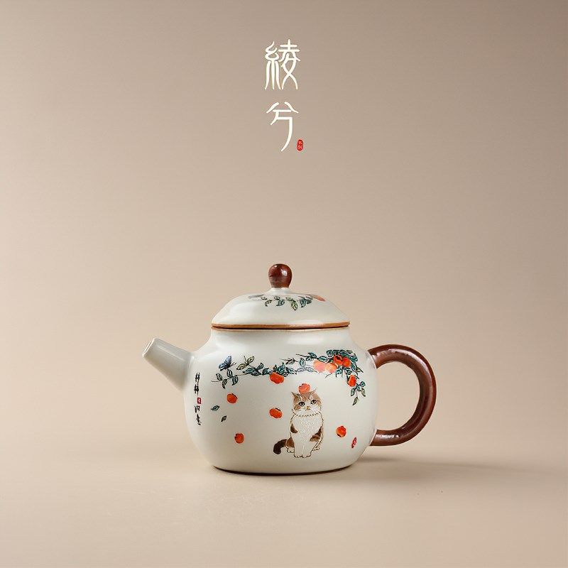 精选柿子猫陶瓷茶壶米黄汝窑德中壶家用高档泡茶壶单壶泡茶器功夫,餐饮具,茶壶,淘宝优惠券,粉丝福利购,淘宝优惠卷