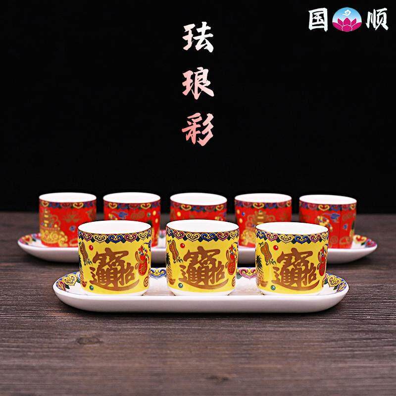 招财进宝连座杯三连五连陶瓷仙家财神酒杯供桌茶杯神台供杯上供