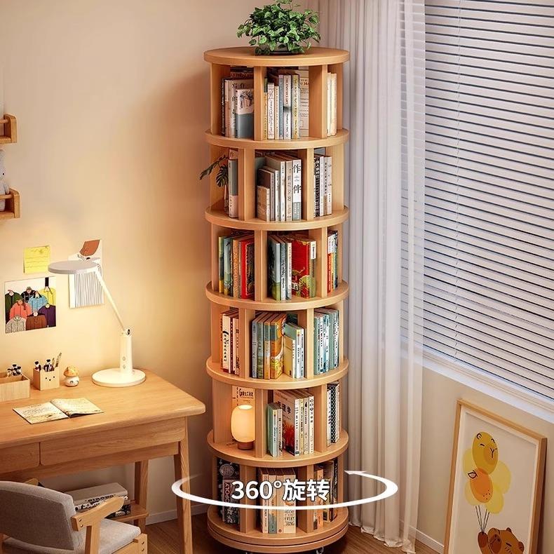 实木旋转书架360度落地置物架多层可移动收纳架客厅卧室转角书柜
