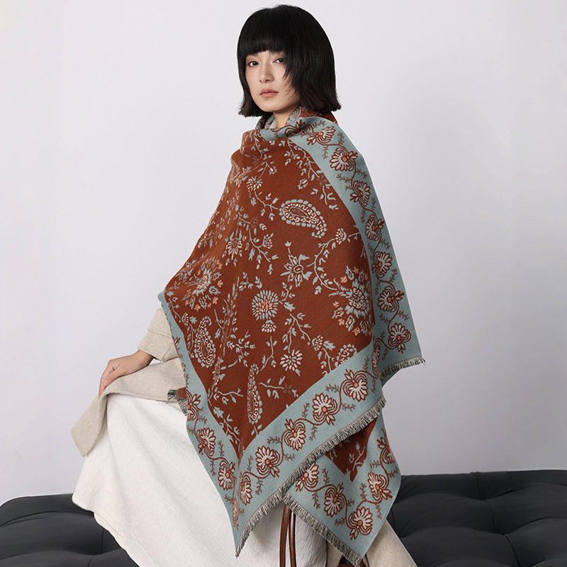 400g加厚版复古民族风腰果花围巾女冬季高级感保暖围脖仿羊绒披肩