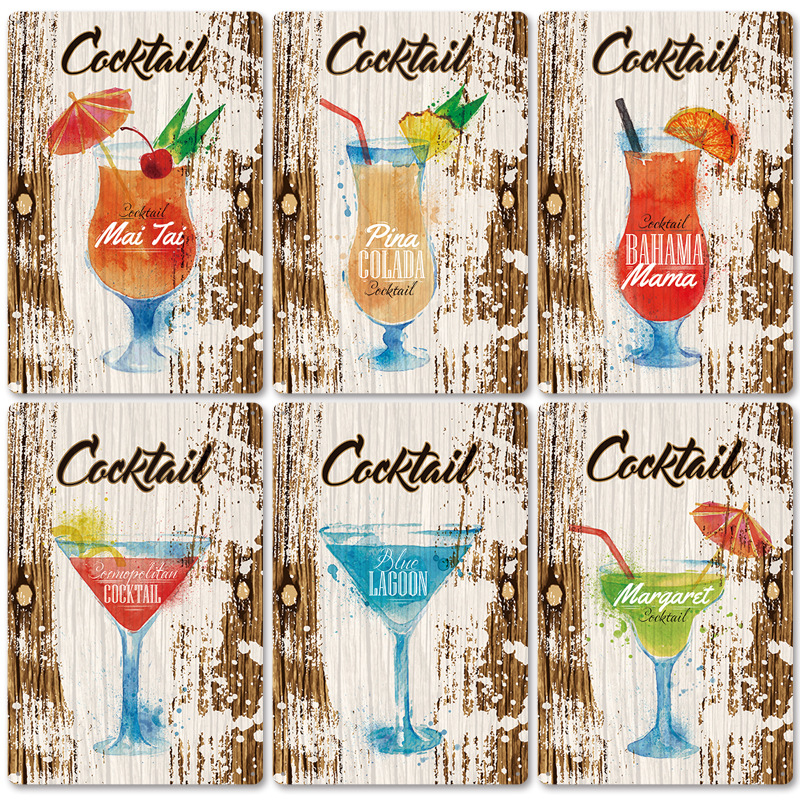 2025新款美式Cocktail鸡尾酒复古铁皮画酒吧背景墙壁无框装饰挂画图片