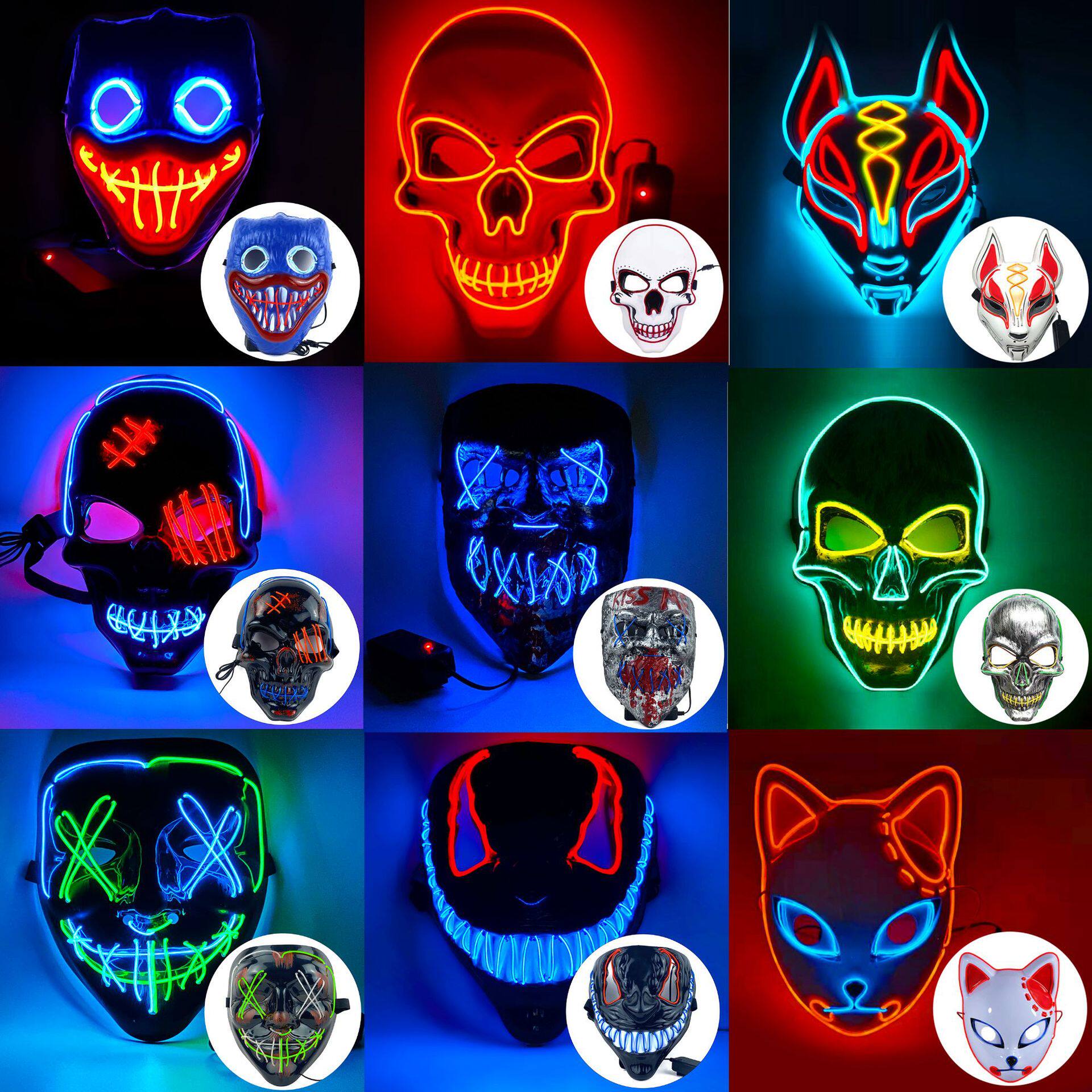万圣节发光面具v脸南瓜骷髅毒液波比小丑鬼灭led冷光线装扮面罩