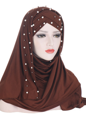 亚马逊牛奶丝单色围巾帽钉大小珠两件套马来西亚musilin女士