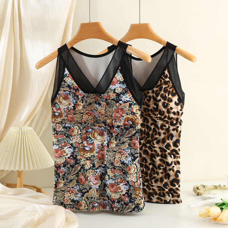 冬季印花大码保暖背心女加绒双层胖MM200斤可穿带胸垫V领发热马甲