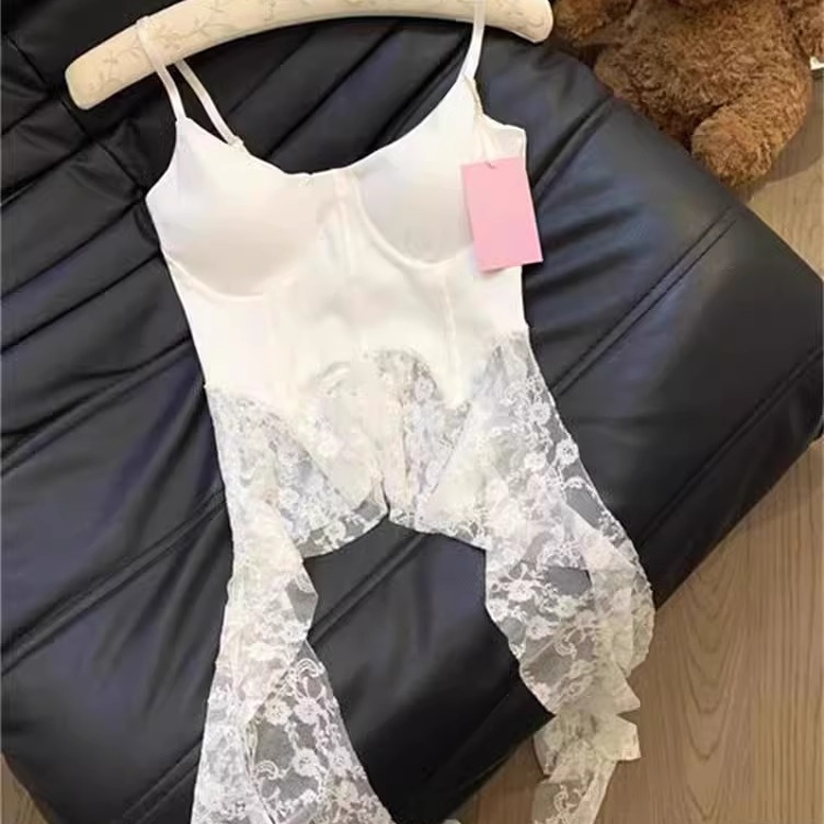 独特设计白色不规则蕾丝下摆吊带背心带胸垫女内搭叠穿打底小上衣