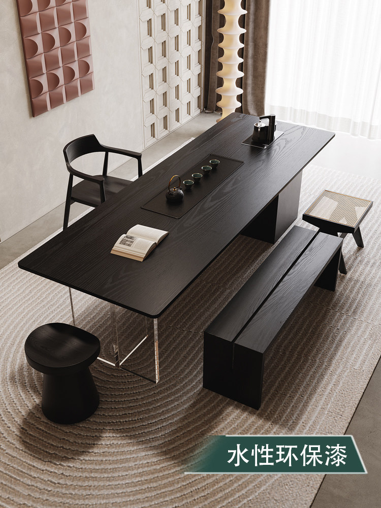 亚克力茶桌椅组合烧水壶一体嵌入式实木泡茶桌办公室黑色极简茶台