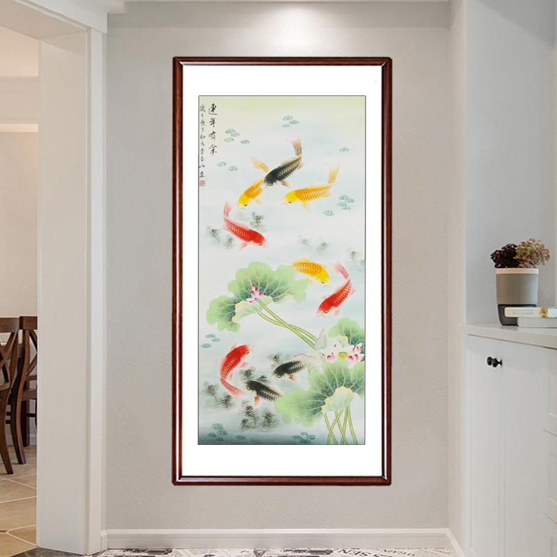 九鱼图玄关装饰画花卉真迹带框荷花入户走廊定制新中式纯手绘挂画图片