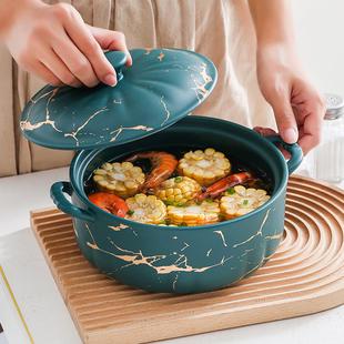 盛汤陶瓷汤盆大号带盖 大理石纹双耳汤碗网红ins风家用创意个性