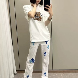 水洗做舊十字架貼標休閑直筒高街褲 子男 輕奢克羅牛仔褲 網紅美式