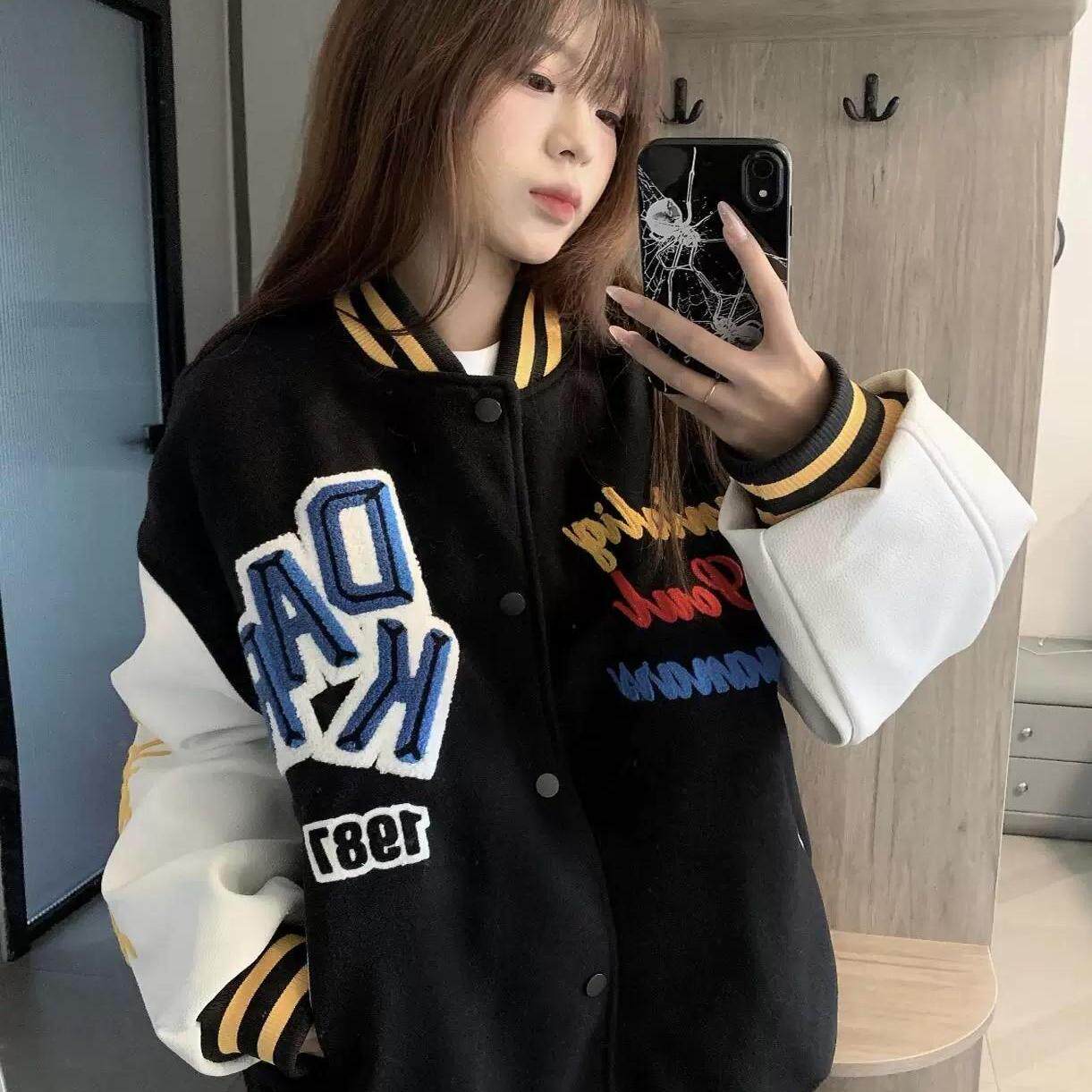 网红同款美式复古字母刺绣棒球服男女秋冬情侣宽松夹克外套潮牌