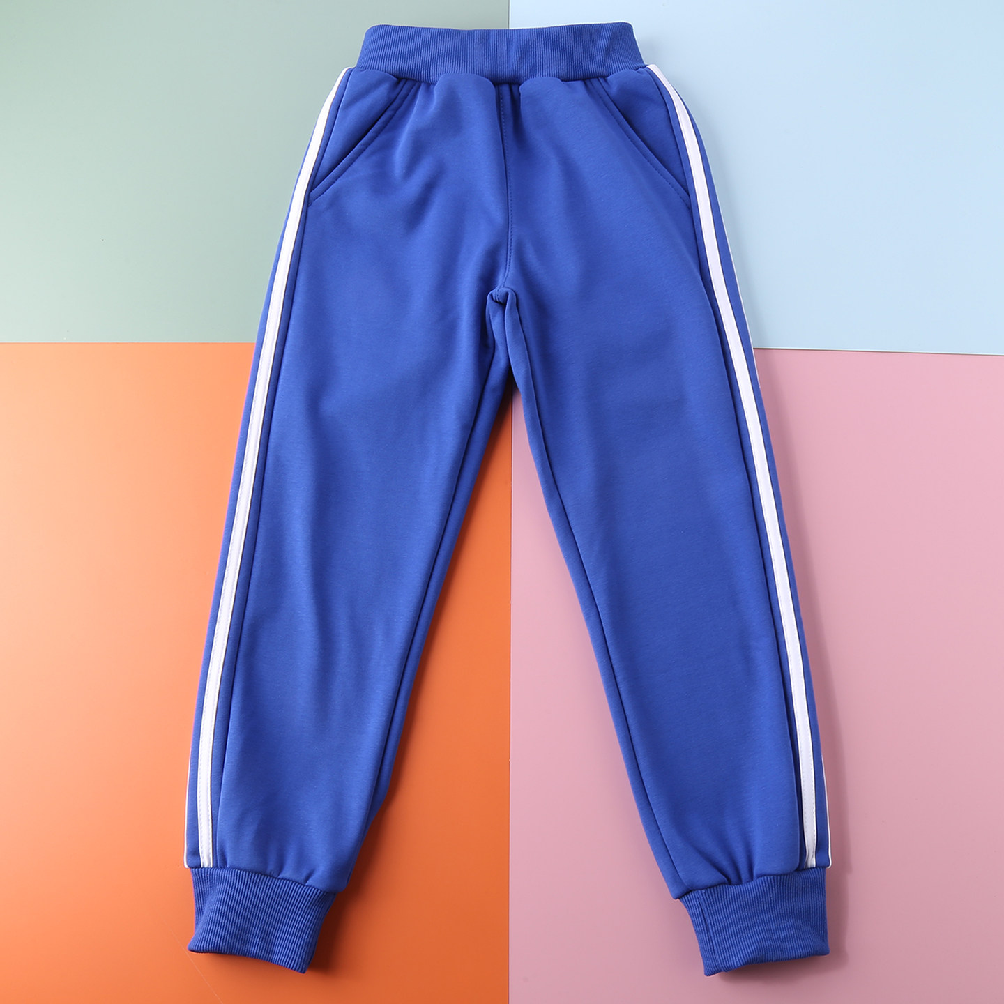 中小学生宝蓝色二白杆条长校服裤