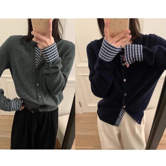 2026高智miu系单排扣针织开衫韩系减龄上衣外套撞色格纹拼接毛衣