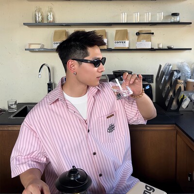 TTYM*夏季潮牌粉色条纹短袖衬衫男女男夏季休闲百搭情侣衬衣落肩