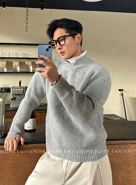 TTYM秋冬韩版时髦高级感保暖半高领毛衣男士宽松假两件针织衫潮流