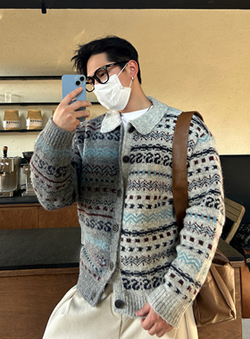 TTYM秋冬高级复古慵懒费尔岛撞色翻领针织衫开衫男毛衣外套加厚