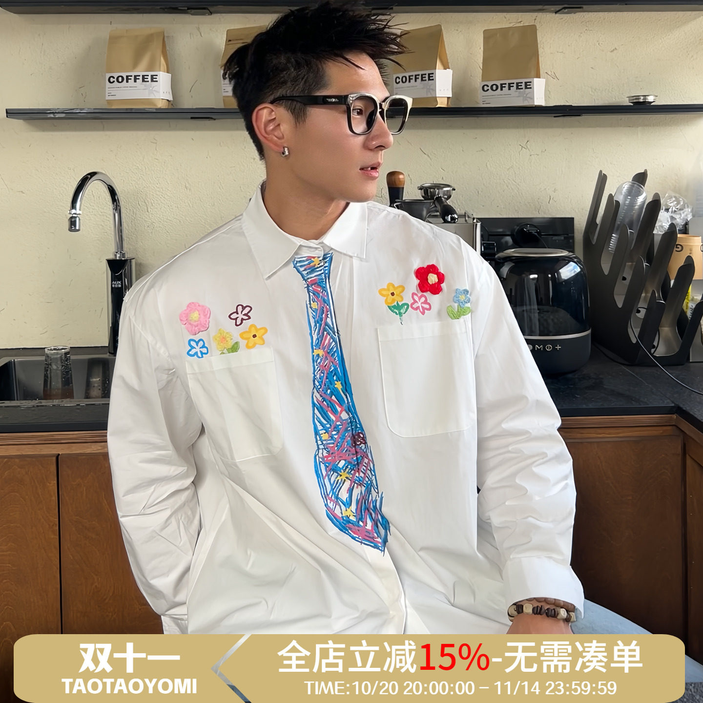 TTYM*小众涂鸦手绘领带长袖衬衫男美式复古秋季百搭宽松休闲衬衫