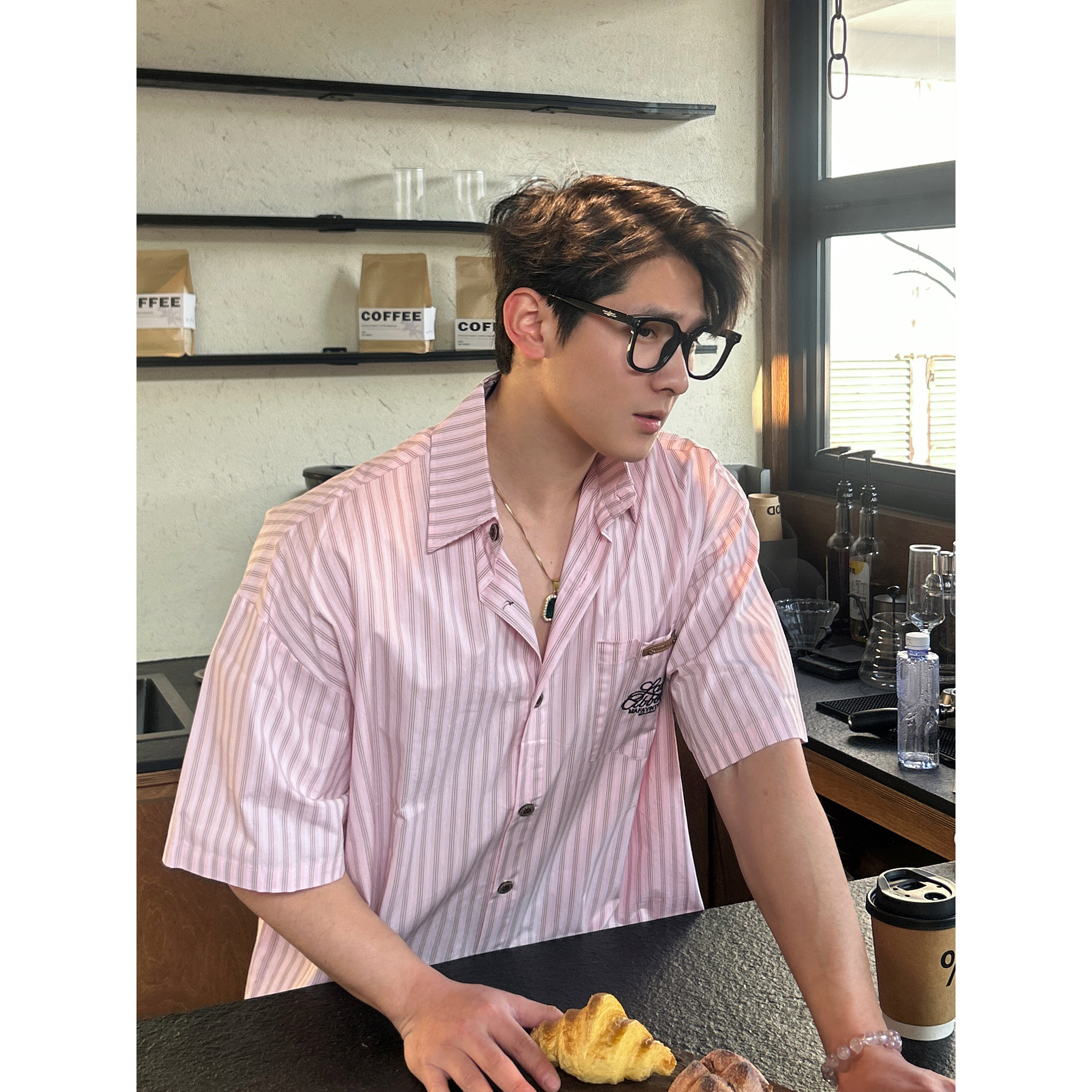 TTYM*夏季潮牌粉色条纹短袖衬衫男女男夏季休闲百搭情侣衬衣落肩