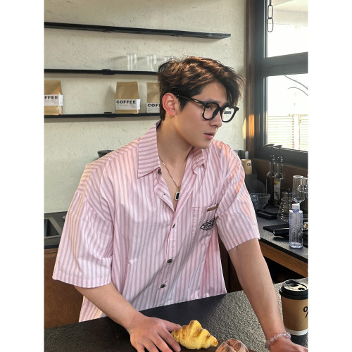 TTYM*夏季潮牌粉色条纹短袖衬衫男女男夏季休闲百搭情侣衬衣落肩