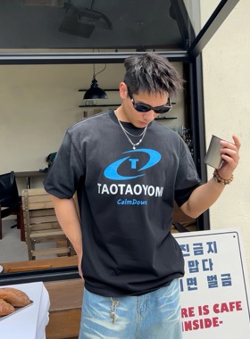 TTYM*夏季TAOTAOYOMI印花水洗渐变宽松纯棉短袖T恤潮流字母男落肩