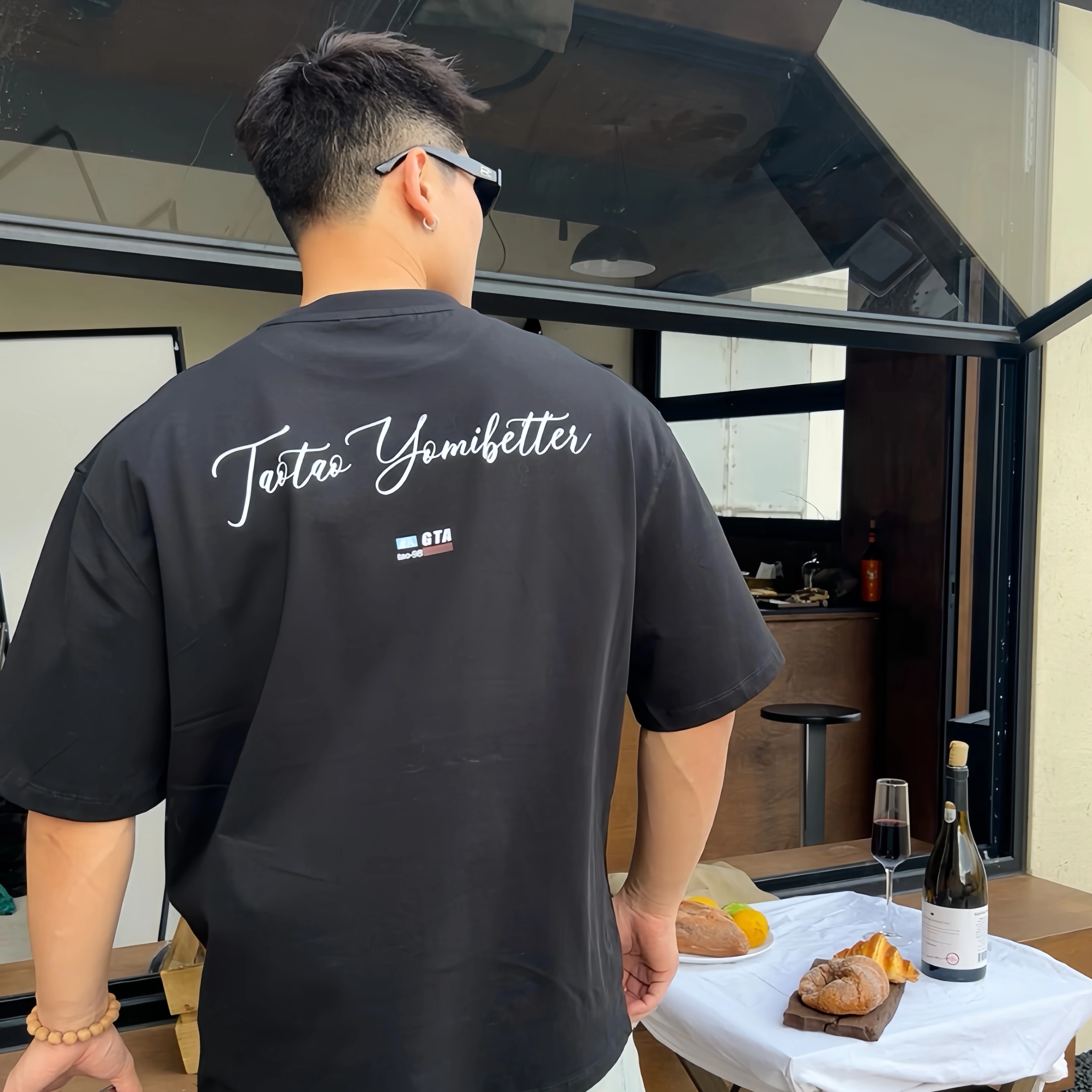 TTYM*夏季背后GTA印花宽松纯棉短袖T恤百搭潮流字母男女情侣落肩