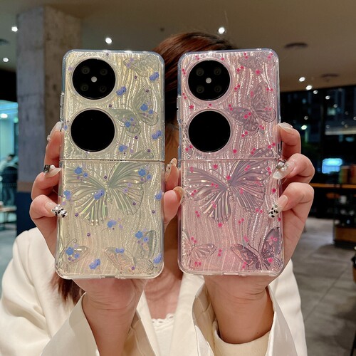 适用华为pocket2手机壳新款折叠屏镭射带钻蝴蝶poket女高级感s宝盒packet手链p50pockets透明pk2保护套pokets