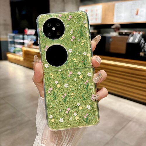适用华为pocket2手机壳新款折叠屏滴胶闪粉poket女高级感s宝盒packet带手链p50pockets小碎花pk2保护套pokets