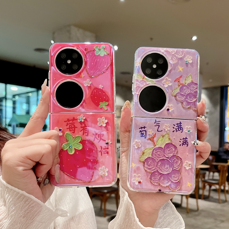 适用华为pocket2手机壳pockets宝盒版p50pock小折叠屏poket2油画水果porket2可爱p0cket外壳pk2滴胶水钻s新款
