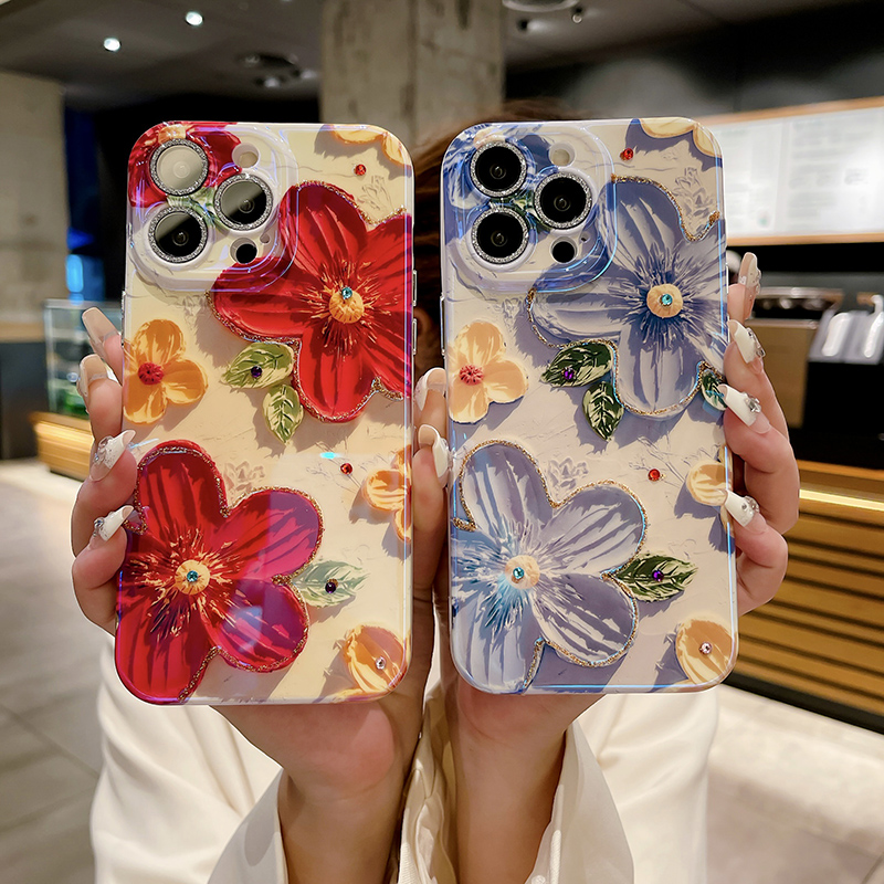 适用iPhone15油画花朵手机壳