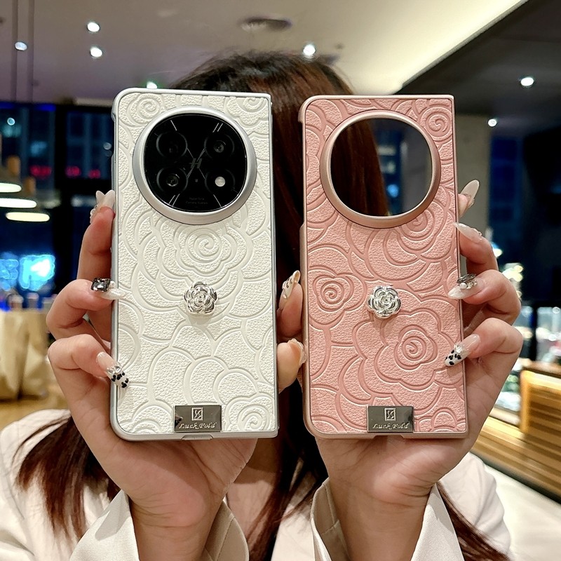 适用oppofindn5手机壳findn5新款折叠屏保护套find n5立体山茶花PKH110皮质小香风oppo高端oppon5铭牌外壳opn