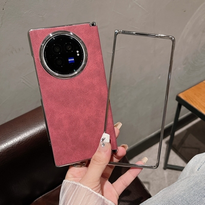 适用vivoxfold3手机壳x秋冬vivo折叠屏xfold5铰链全包vivofold3por电镀酒红色翻毛皮fold3pro保护套xflod外壳